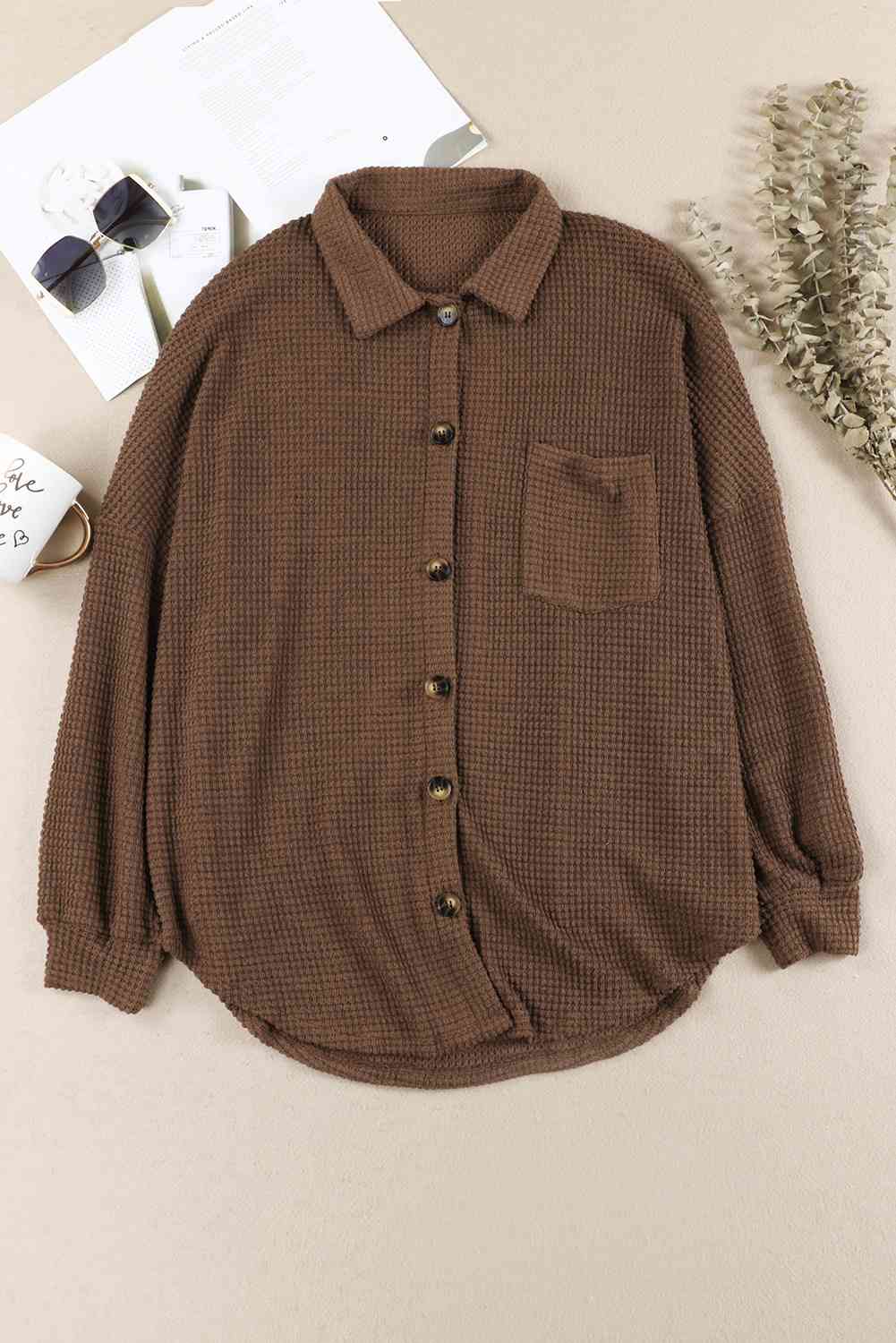 Waffle-Knit Button Up Long Sleeve Shirt with Pocket - AllIn Computer