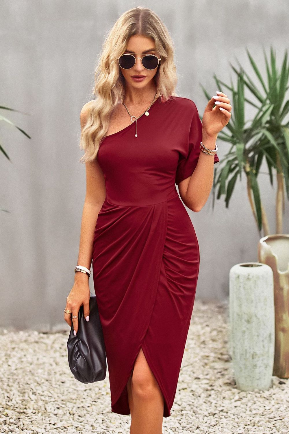 Ruched One-Shoulder Tulip Hem Dress | CLOTHING,SHOES & ACCESSORIES | dress, dresses, DY, Ship From Overseas, Women's Apparel, women's clothing, women's fashion | Trendsi