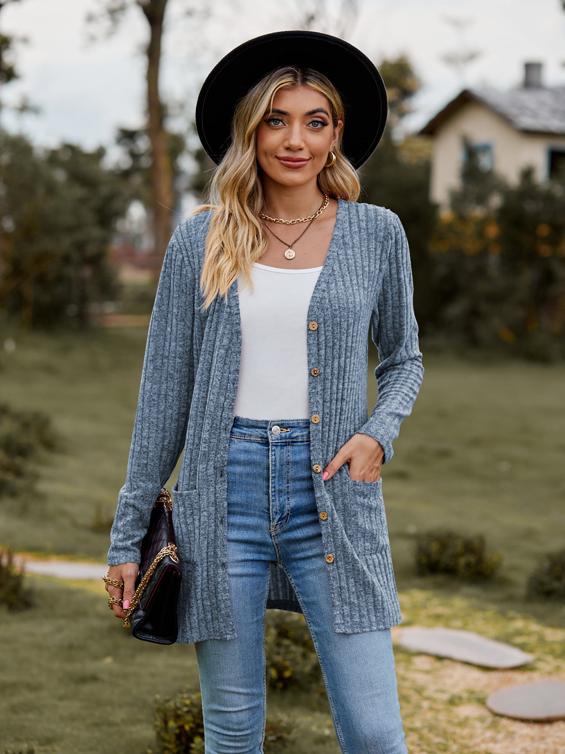 Ribbed Button-UP Cardigan with Pockets - AllIn Computer