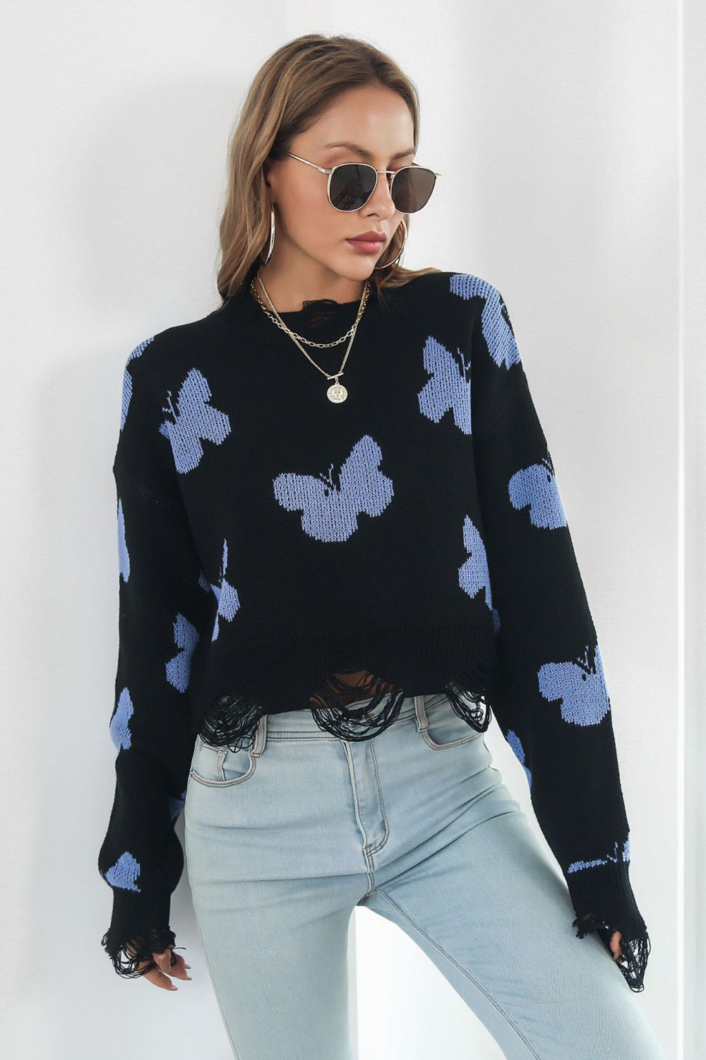 Printed Round Neck Ribbed Long Sleeve Sweater - AllIn Computer