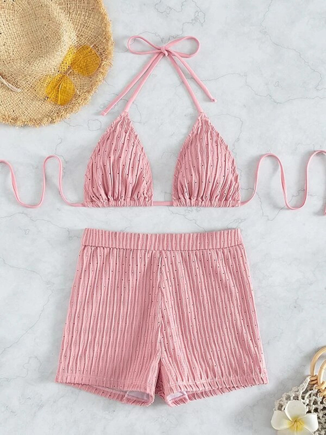 Eyelet Halter Neck Bra and Bottom Swim Set - AllIn Computer