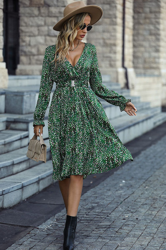 Printed Flounce Sleeve Surplice Neck Dress - AllIn Computer