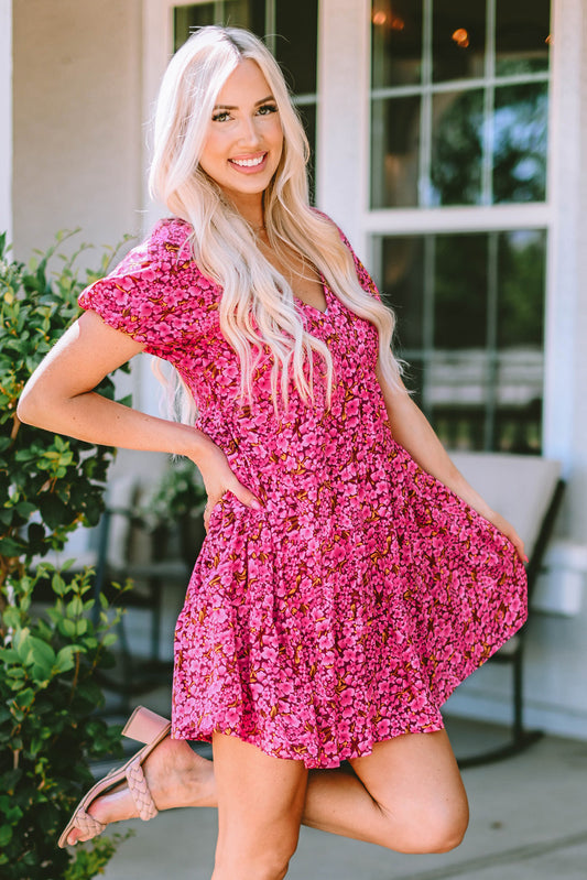 Floral V-Neck Short Sleeve Mini Dress - AllIn Computer