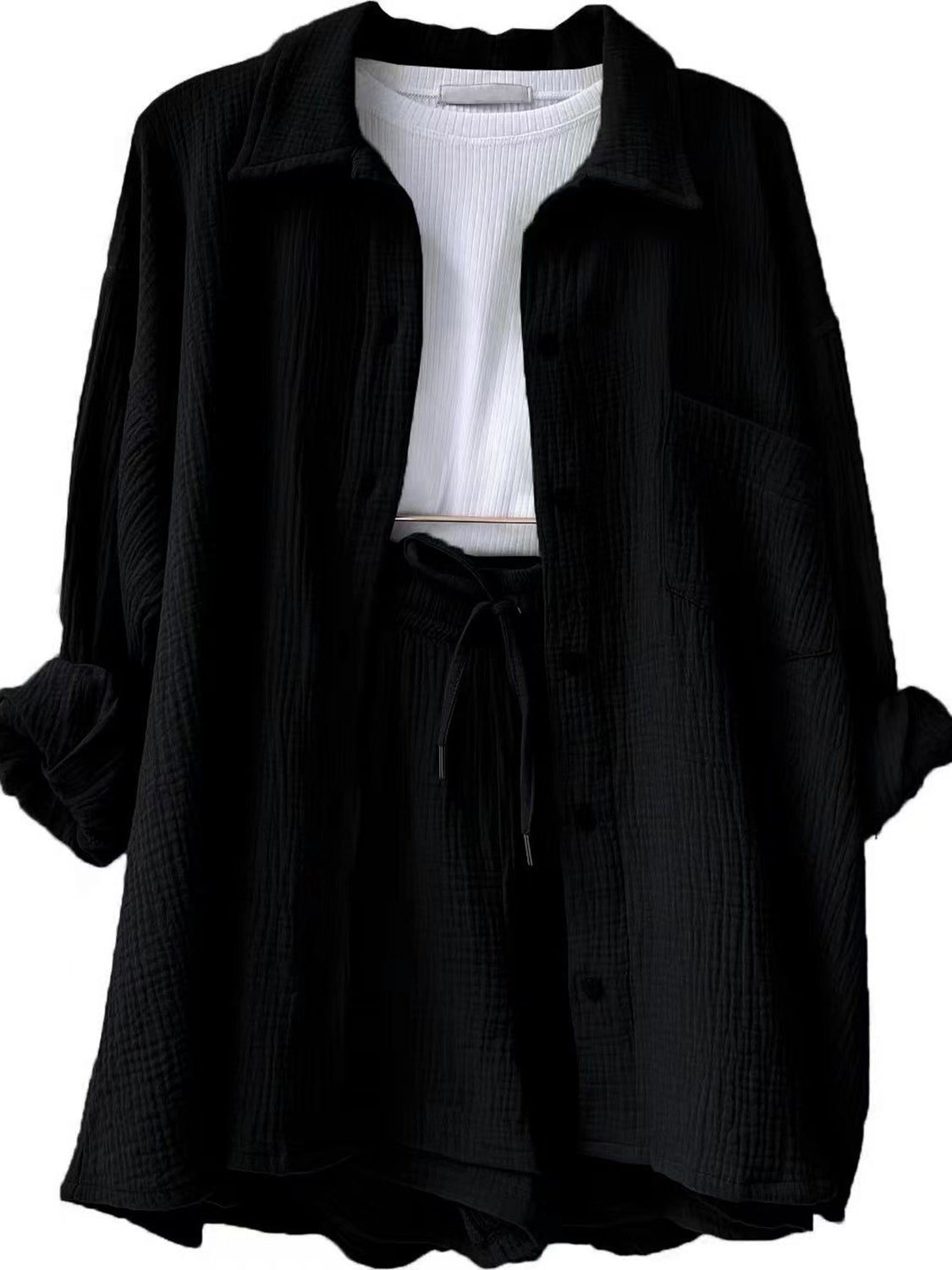 Texture Button Up Shirt and Drawstring Shorts Set - AllIn Computer