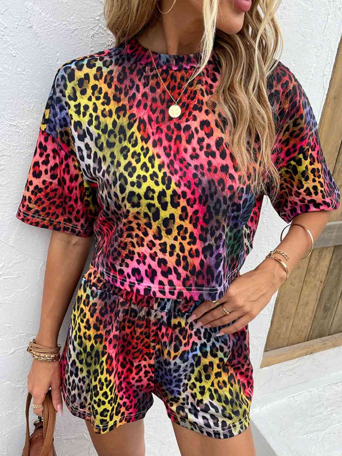 Leopard Round Neck Dropped Shoulder Half Sleeve Top and Shorts Set - AllIn Computer