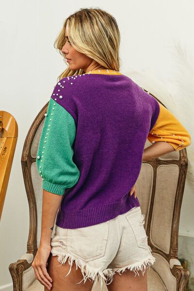 BiBi Color Block Pearl Detail Round Neck Sweater - AllIn Computer