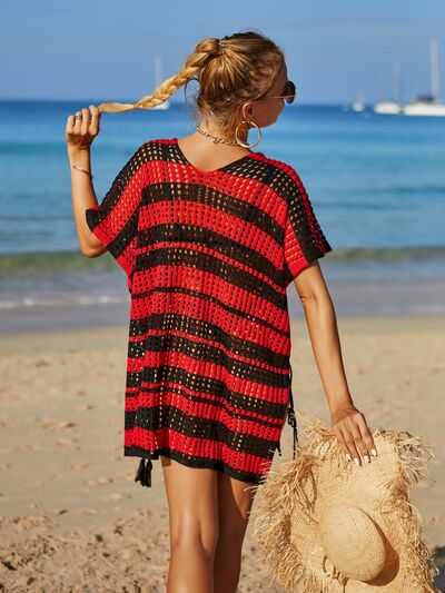 Tassel Openwork Striped V-Neck Cover Up - AllIn Computer