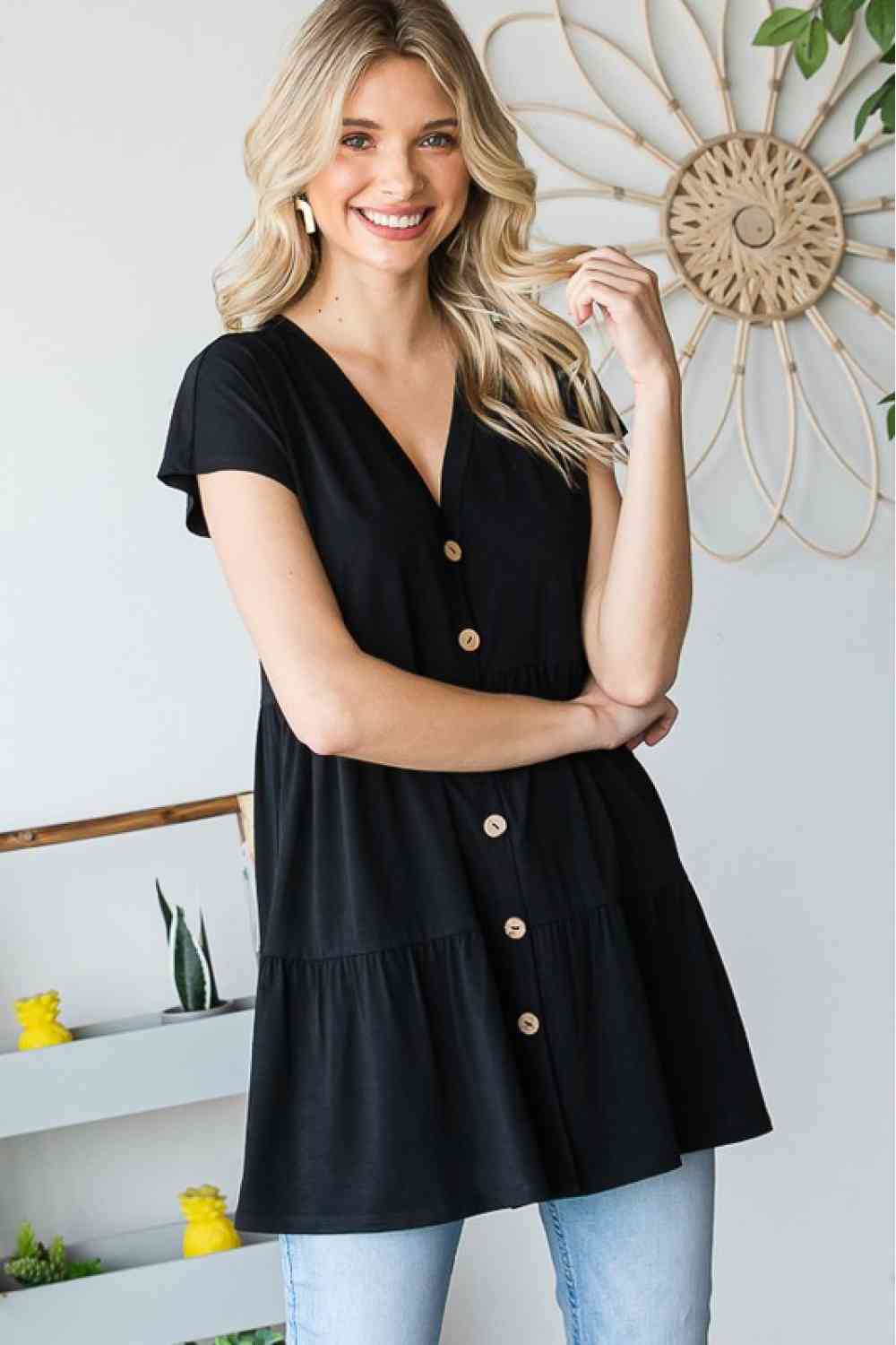 Heimish Full Size Buttoned V-Neck Tiered Top - AllIn Computer
