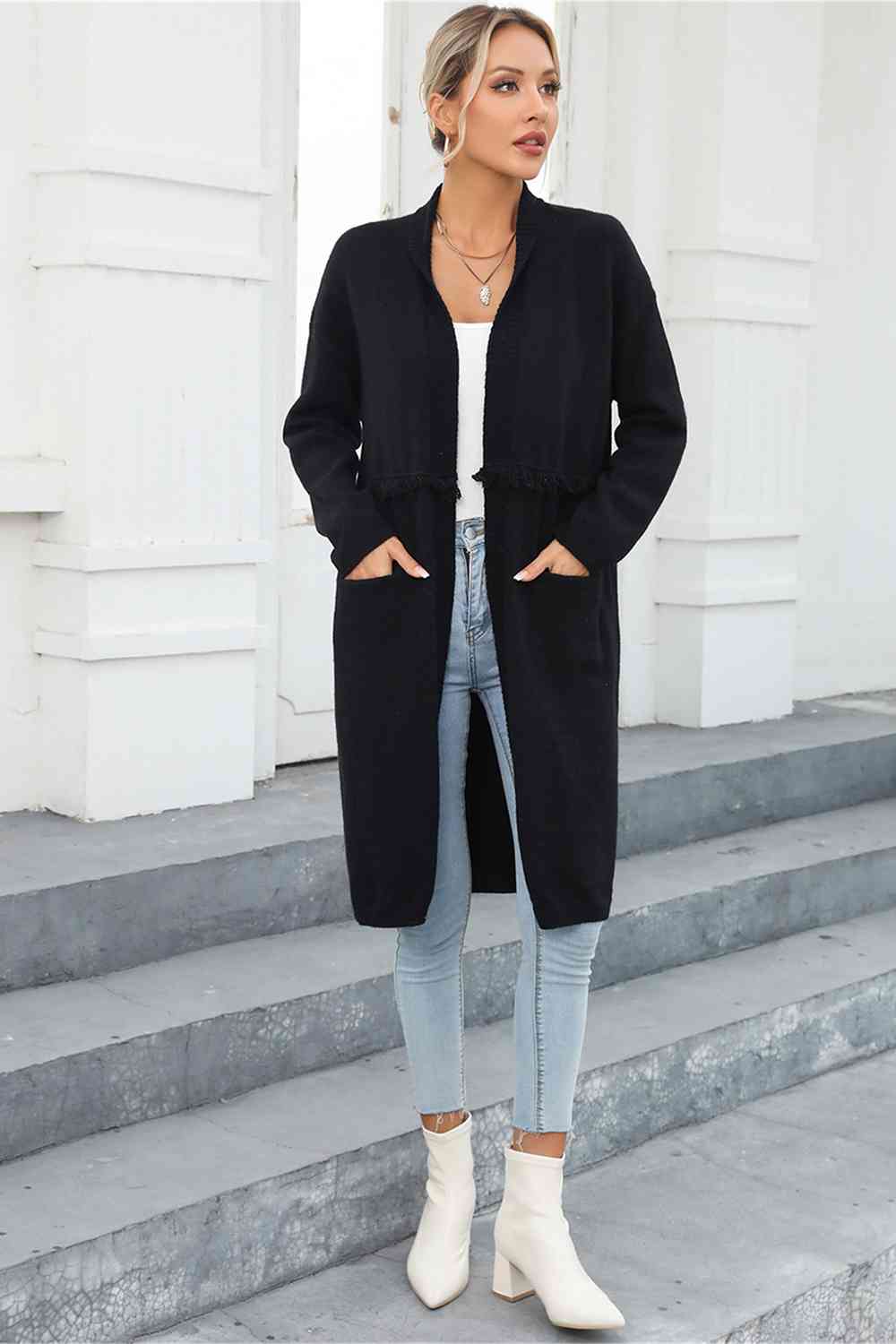 Open Front Pocketed Cardigan - AllIn Computer