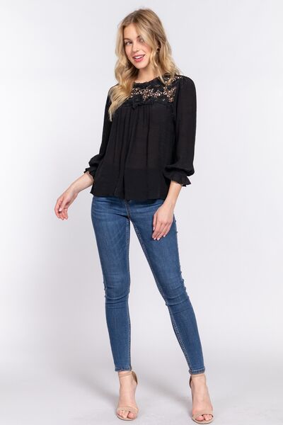 ACTIVE BASIC Crochet Lace Panel Flounce Sleeve Blouse - AllIn Computer