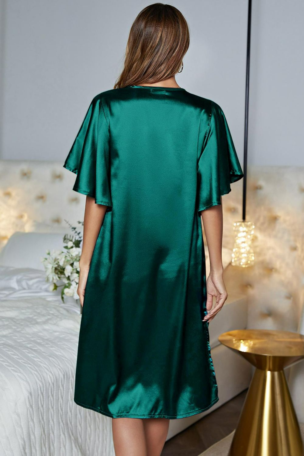 Satin Flutter Sleeve Side Slit V-Neck Night Dress - AllIn Computer
