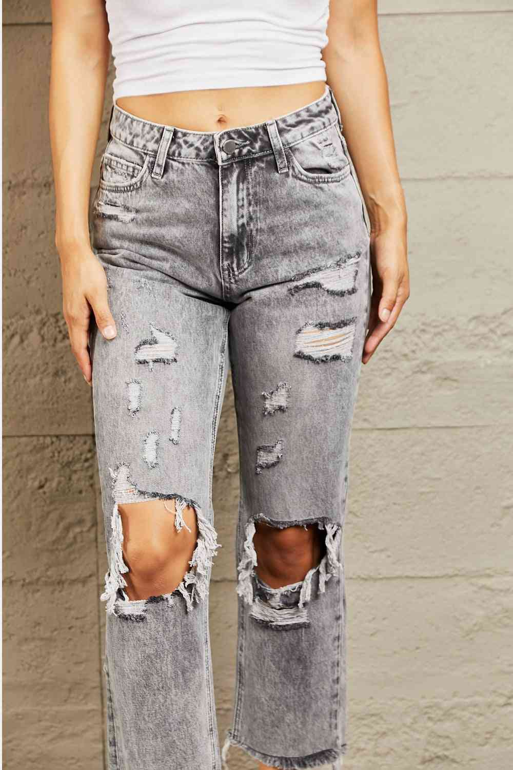 BAYEAS Acid Wash Distressed Straight Jeans - AllIn Computer