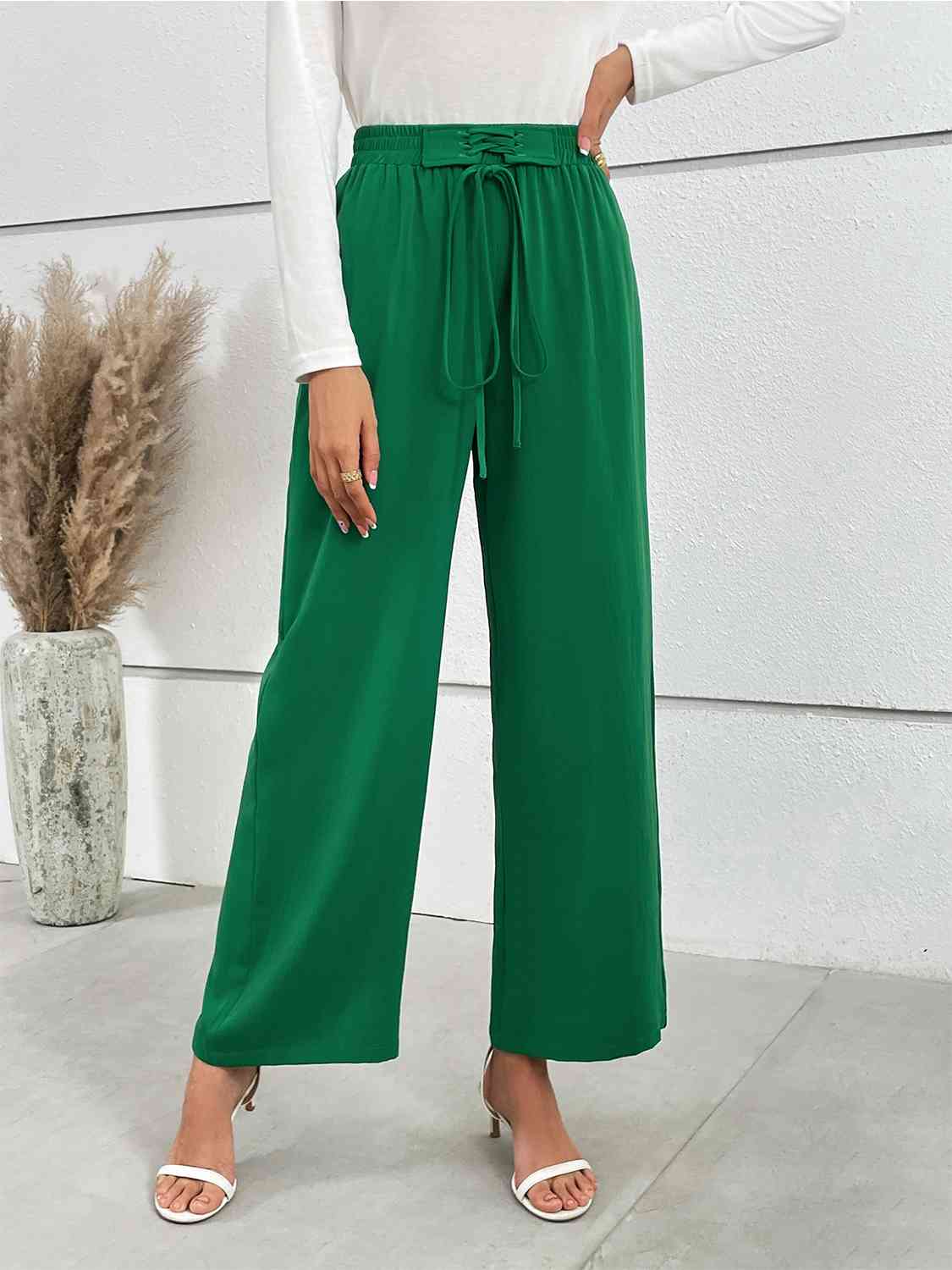 Lace-Up Waist Straight Leg Pants - AllIn Computer