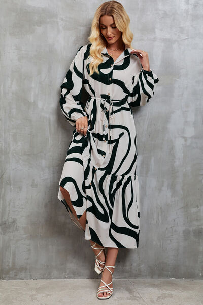 Tie-Waist Printed Button Up Dress - AllIn Computer