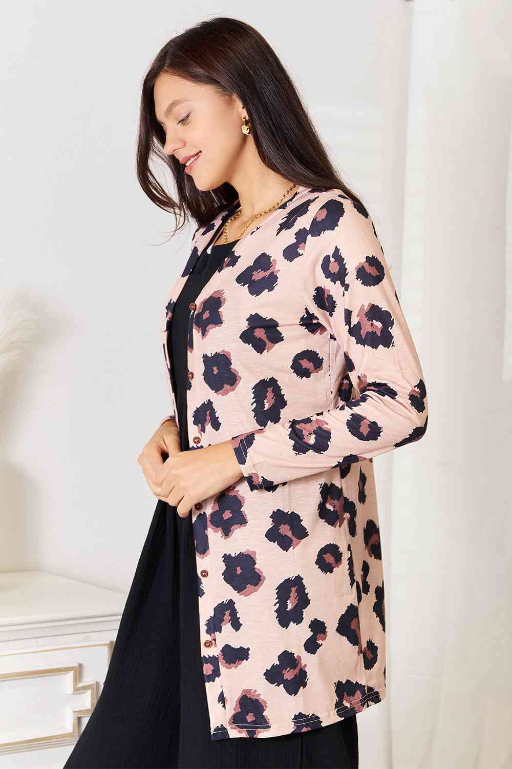 Double Take Printed Button-Front Longline Cardigan - AllIn Computer