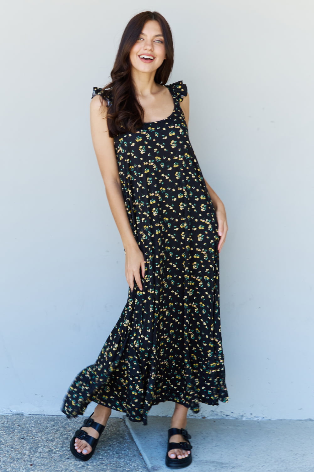 Doublju In The Garden Ruffle Floral Maxi Dress in  Black Yellow Floral - AllIn Computer