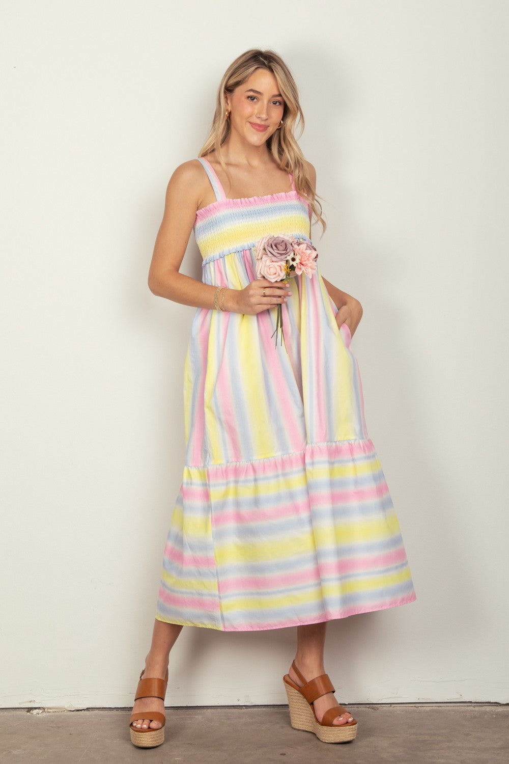 VERY J Striped Woven Smocked Midi Cami Dress - AllIn Computer