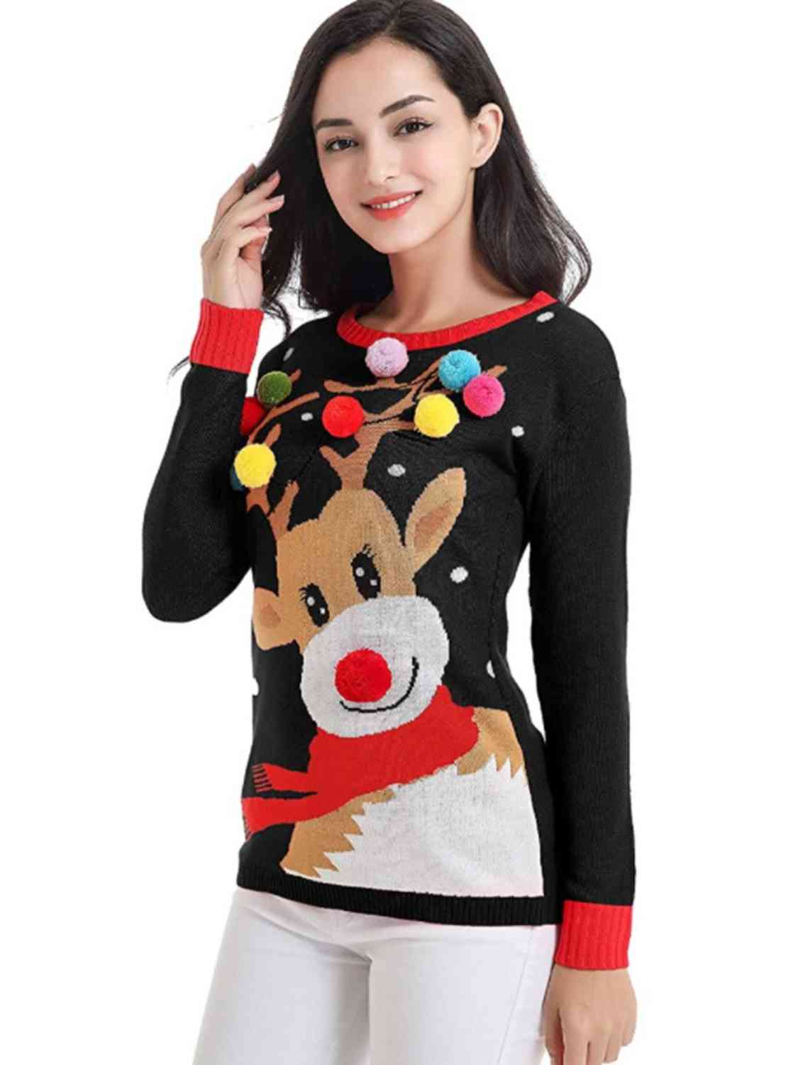 Rudolph Pom-Pom Trim Sweater - AllIn Computer