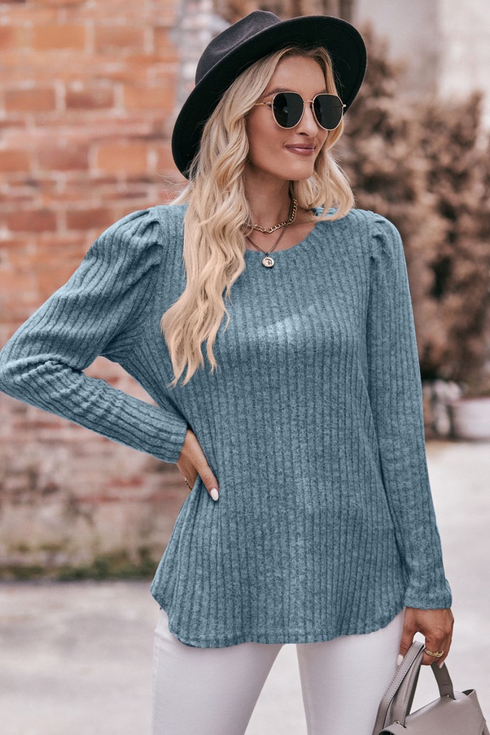 Double Take Round Neck Puff Sleeve Ribbed Top - AllIn Computer