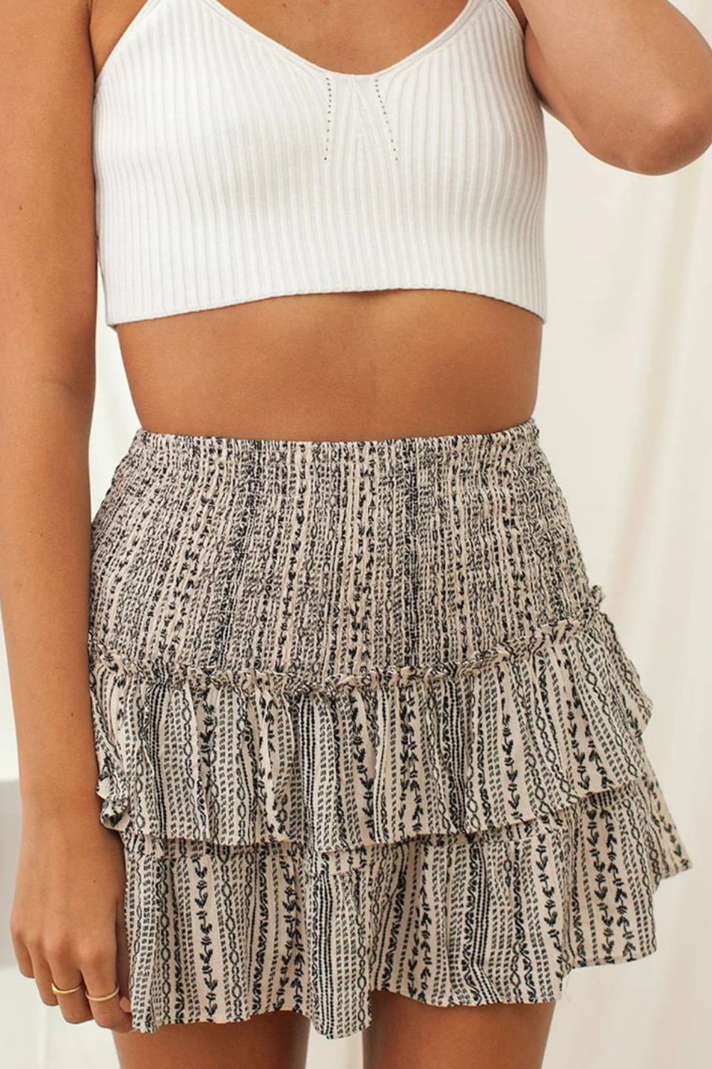 Printed Frill Trim Smocked Mini Skirt - AllIn Computer