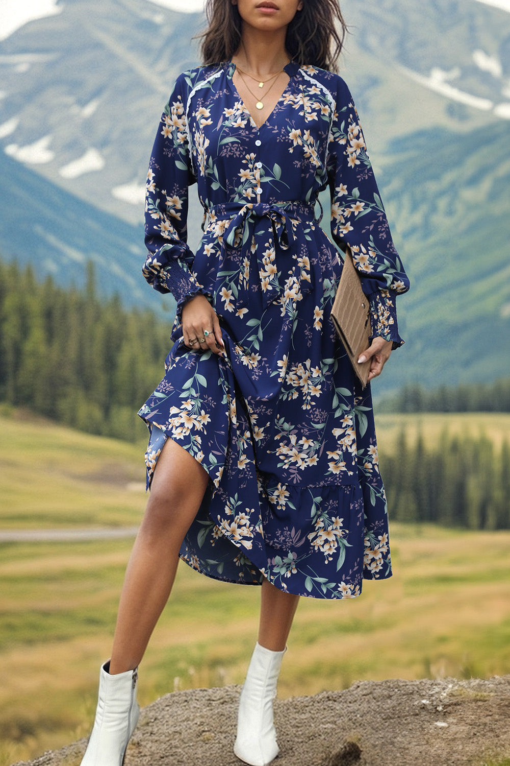 Printed Notched Lantern Sleeve Midi Dress - AllIn Computer