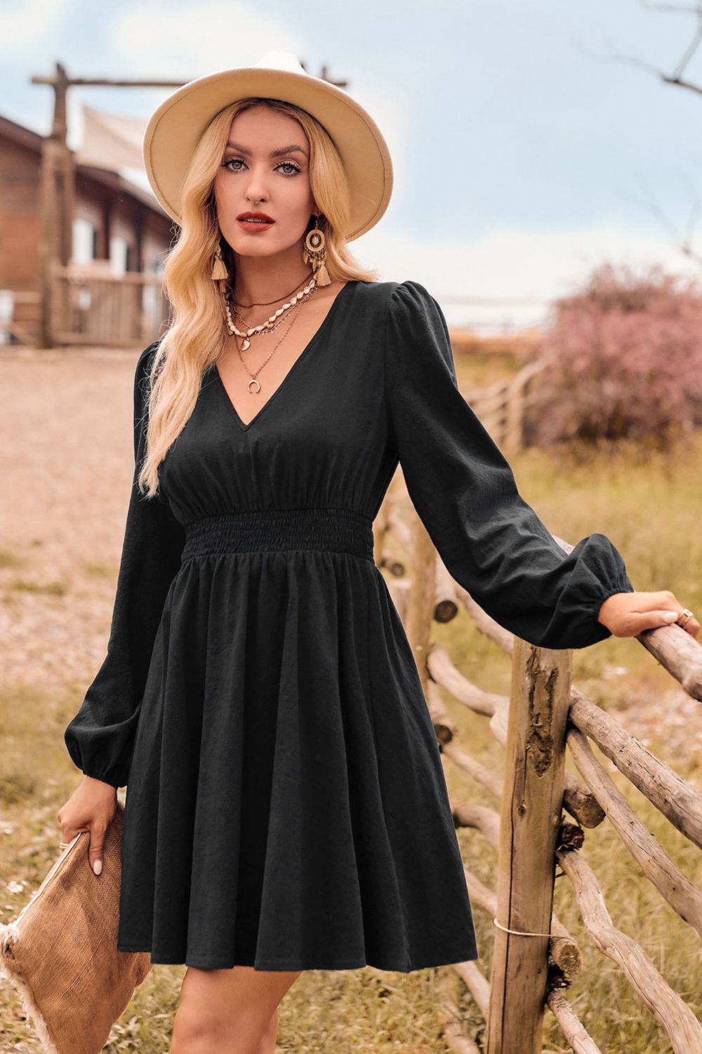 V-Neck Long Sleeve Smocked Waist Mini Dress - AllIn Computer