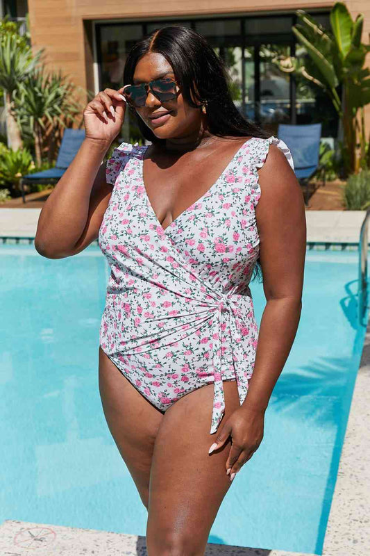 Marina West Swim Full Size Float On Ruffle Faux Wrap One-Piece in Roses Off-White - AllIn Computer