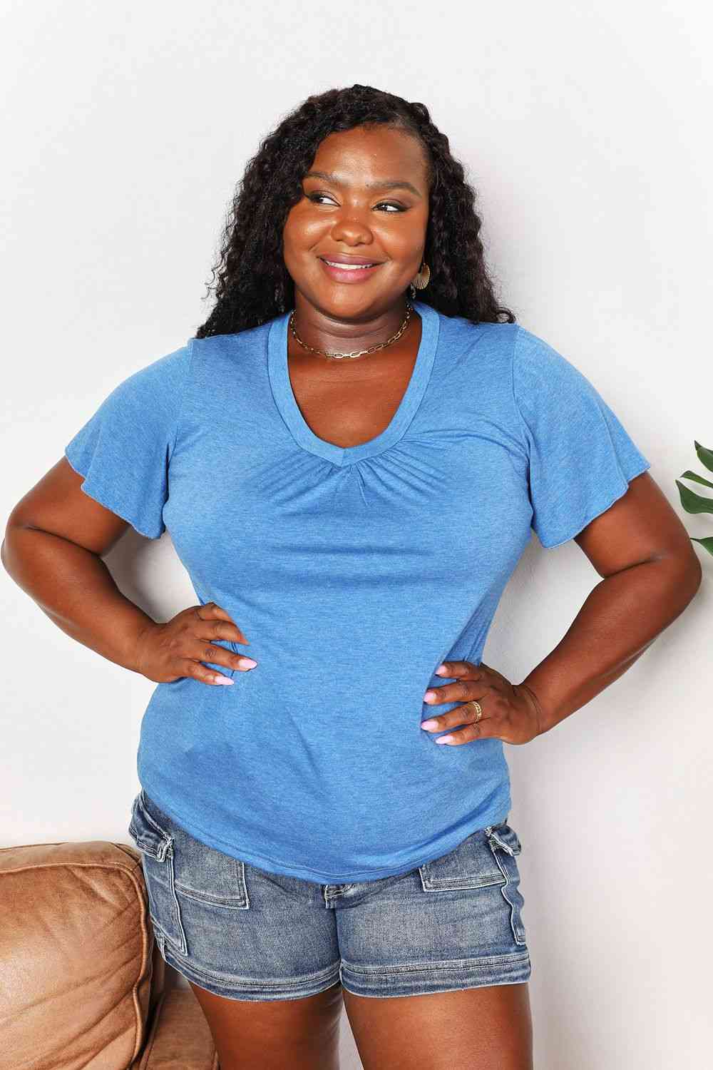 Double Take Ruched V-Neck Short Sleeve T-Shirt - AllIn Computer