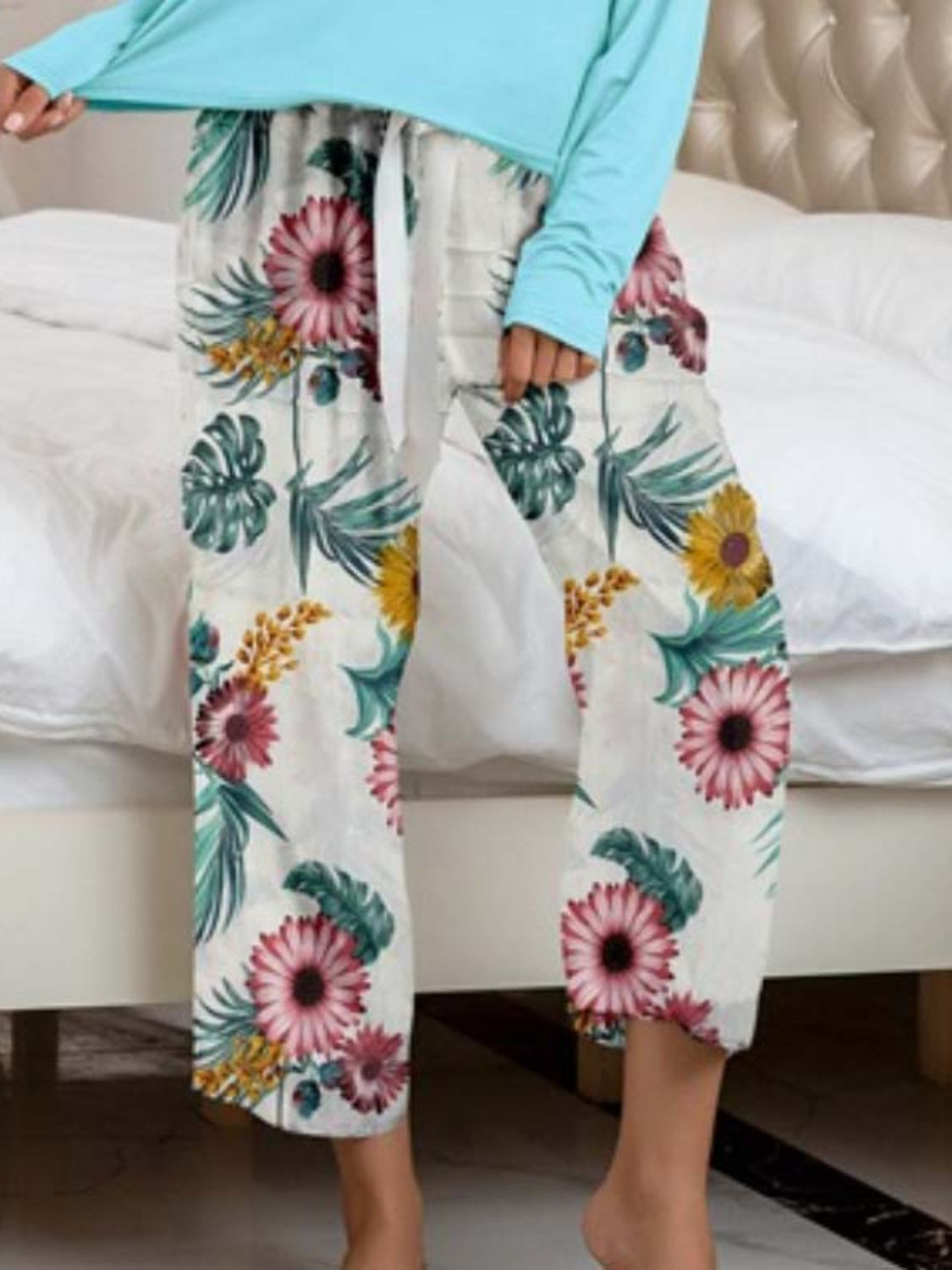 Round Neck Top and Printed Pants Lounge Set - AllIn Computer