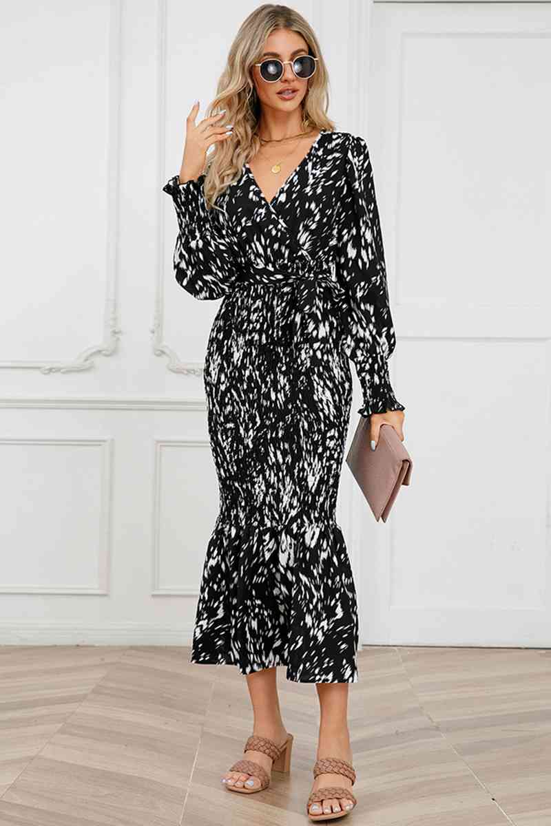 Printed V-Neck Smocked Midi Dress - AllIn Computer