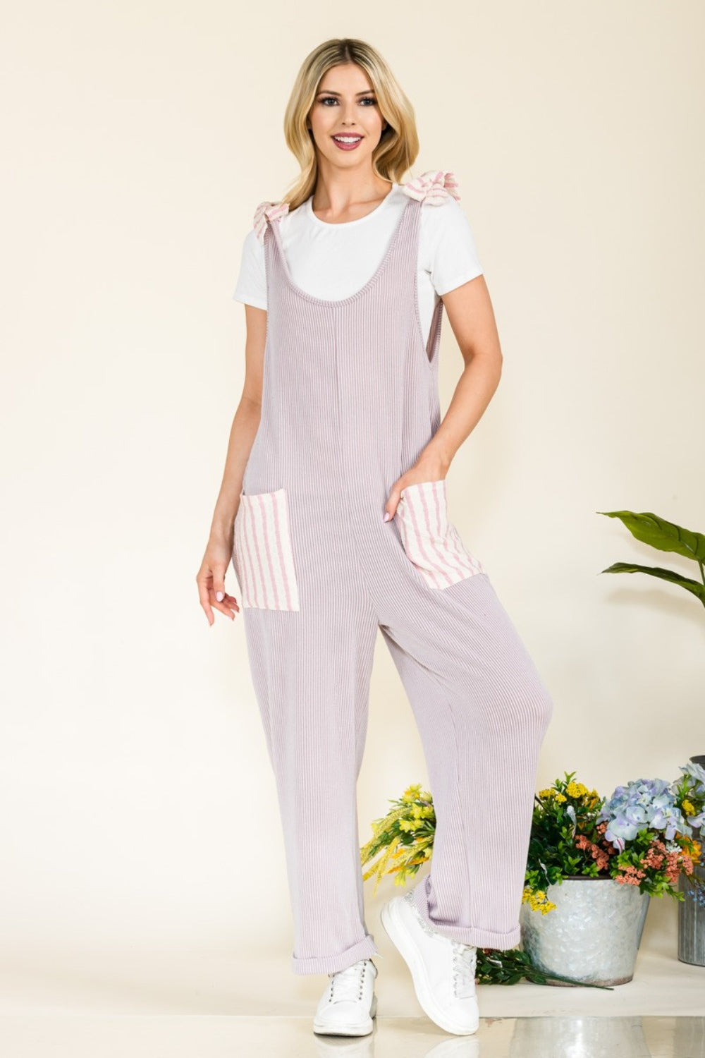 Celeste Full Size Stripe Contrast Pocket Rib Jumpsuit - AllIn Computer