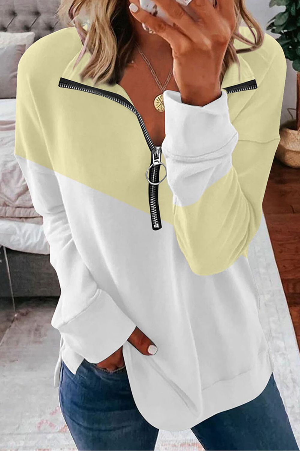 Contrast Zip-Up Collared Neck Dropped Shoulder Blouse - AllIn Computer