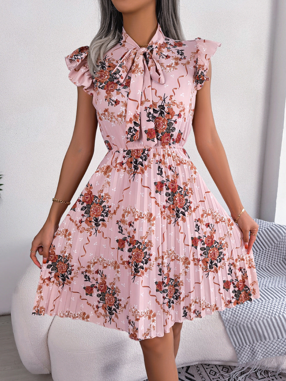 Pleated Floral Printed Tie Neck Knee Length Dress - AllIn Computer