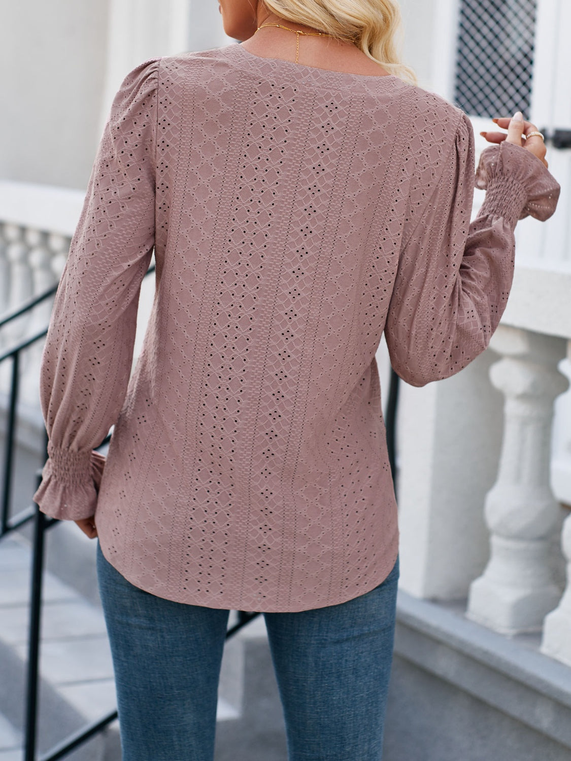 Eyelet Notched Flounce Sleeve Blouse - AllIn Computer