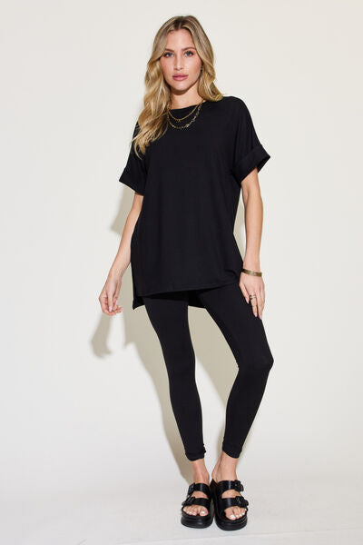 Zenana Plus Size Short Sleeve Slit T-Shirt and Leggings Lounge Set - AllIn Computer