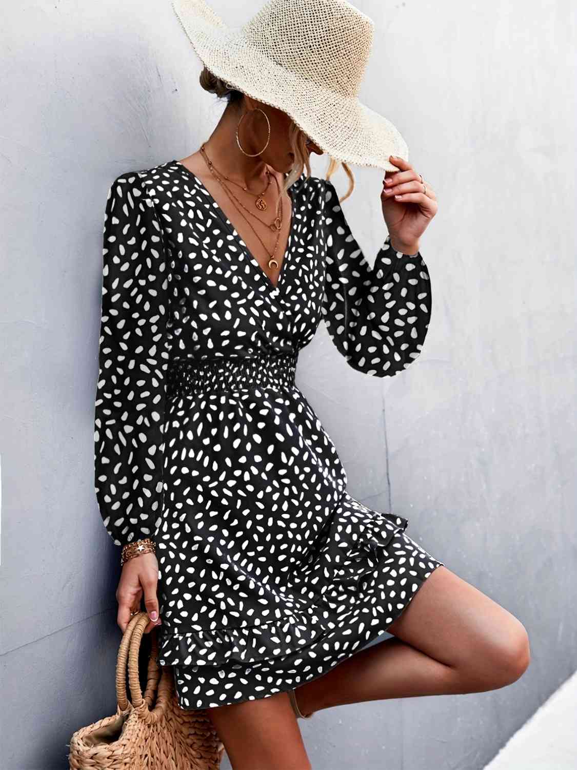 Printed Ruffle Trim Smocked Mini Dress - AllIn Computer