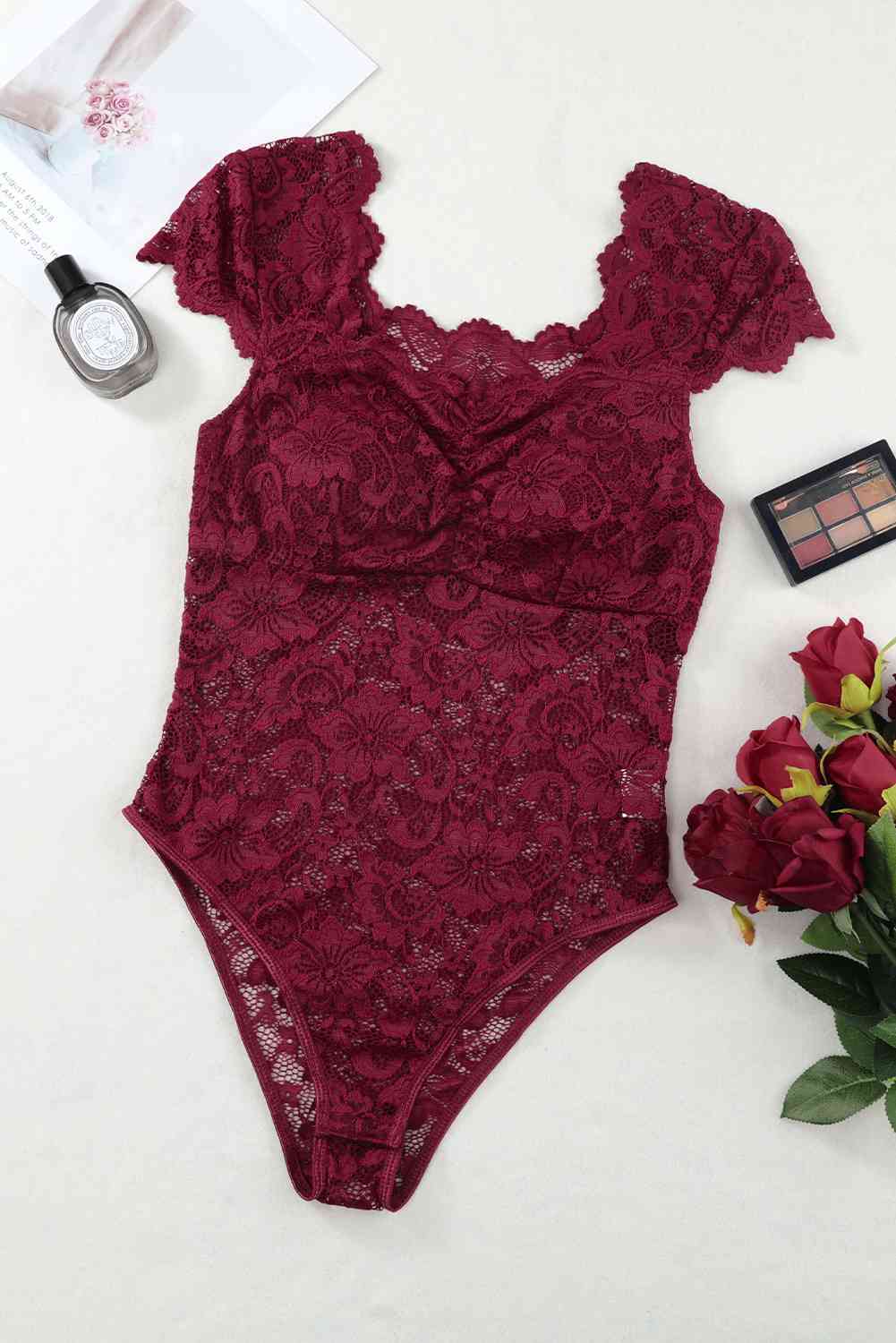 Ruched Sweetheart Neck Lace Bodysuit - AllIn Computer