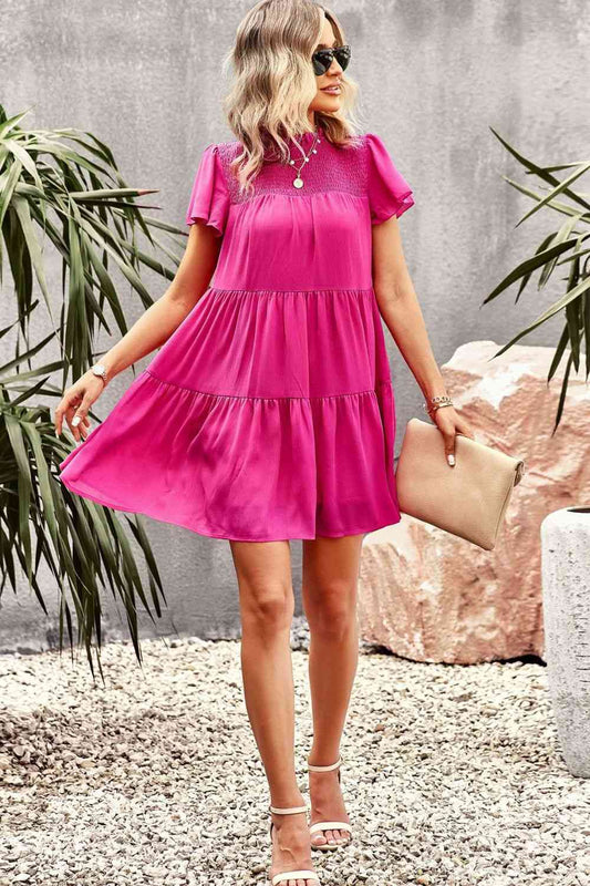 Smocked Puff Sleeve Tiered Mini Dress - AllIn Computer