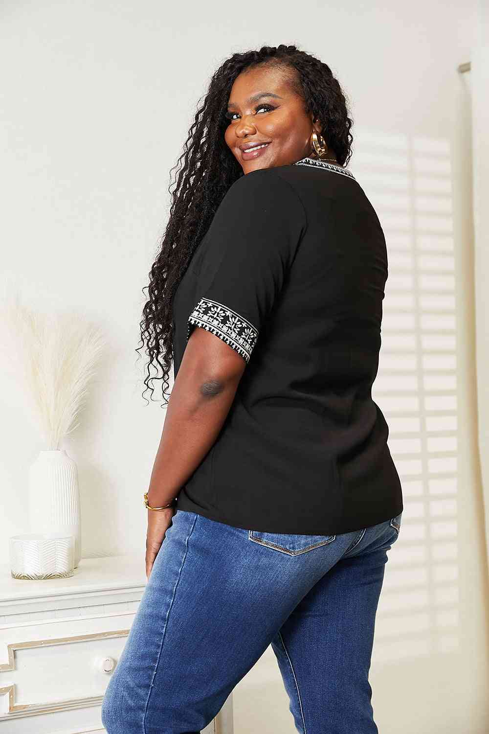 Double Take Embroidered Notched Neck Top - AllIn Computer