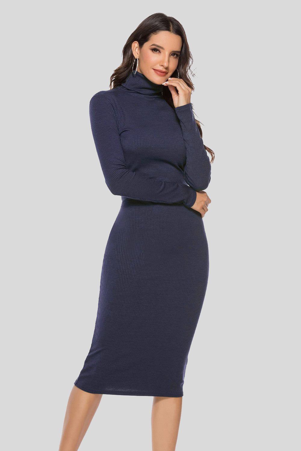 Ribbed Turtleneck Long Sleeve Dress - AllIn Computer