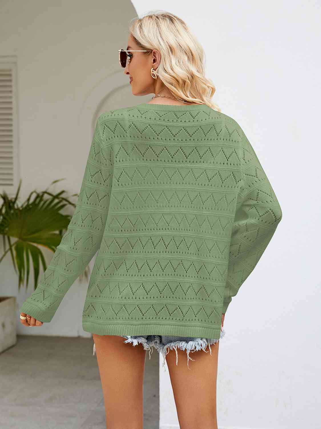 Round Neck Openwork Long Sleeve Knit Top - AllIn Computer