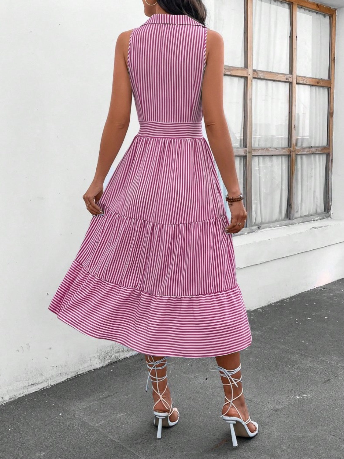 Striped Johnny Collar Sleeveless Midi Dress - AllIn Computer