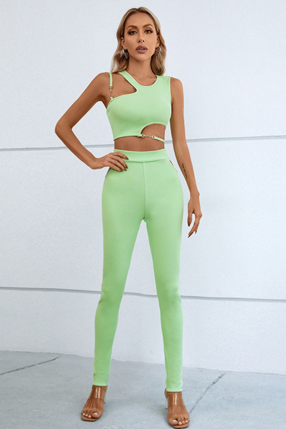 Asymmetrical Ribbed Cutout Tank and Pants Set - AllIn Computer