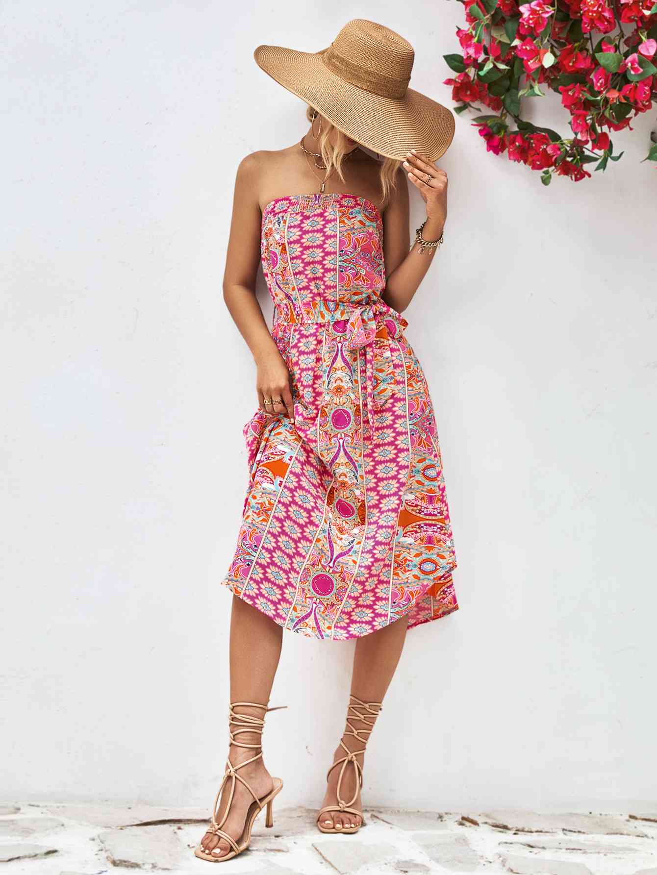 Printed Strapless Tie Belt Dress - AllIn Computer