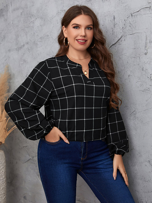 Plus Size Notched Neck Long Sleeve Blouse - AllIn Computer