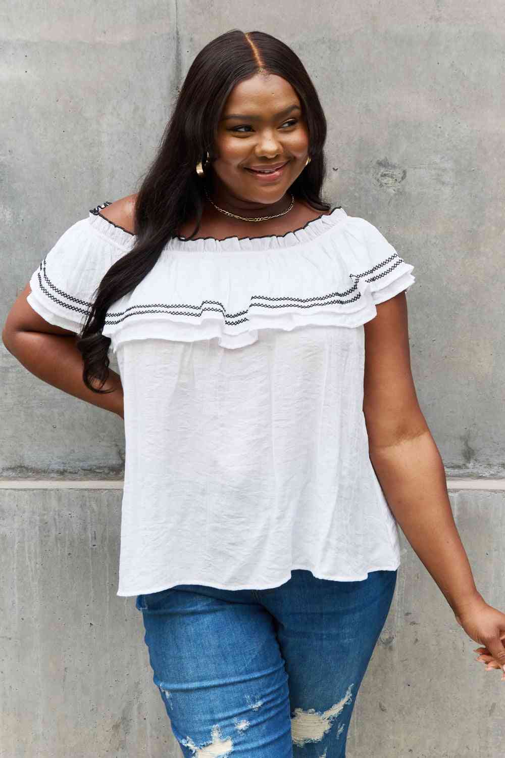 ODDI Full Size Off The Shoulder Ruffle Blouse - AllIn Computer