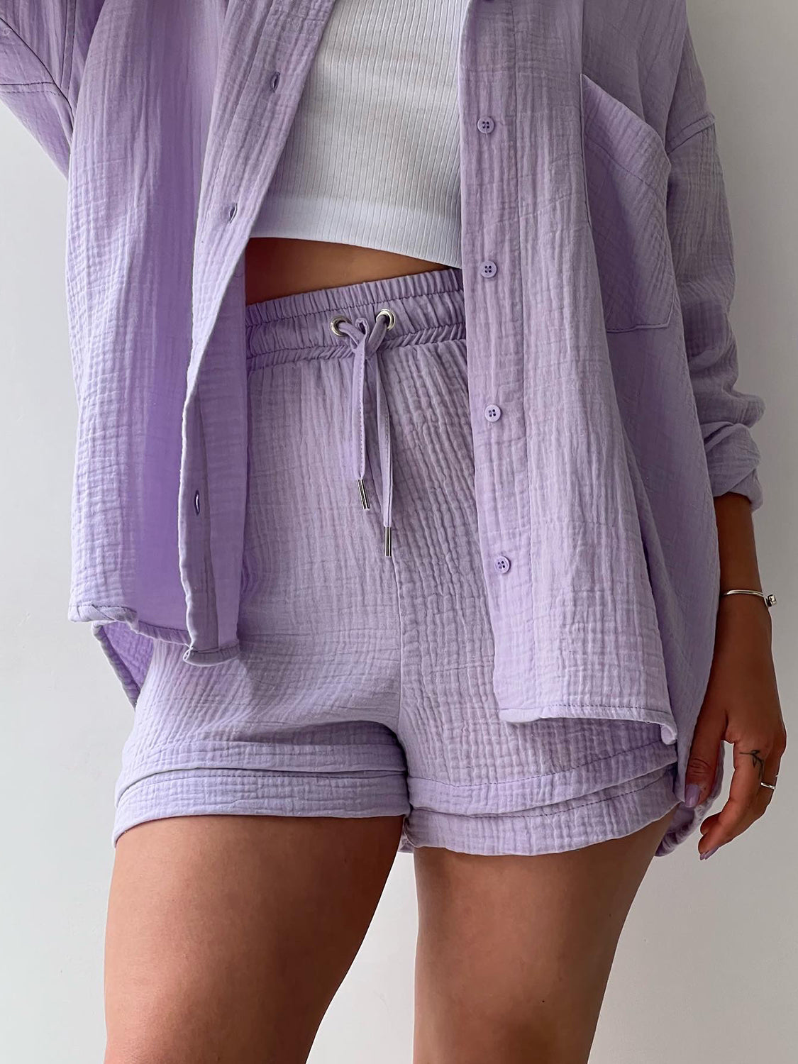 Texture Button Up Shirt and Drawstring Shorts Set - AllIn Computer