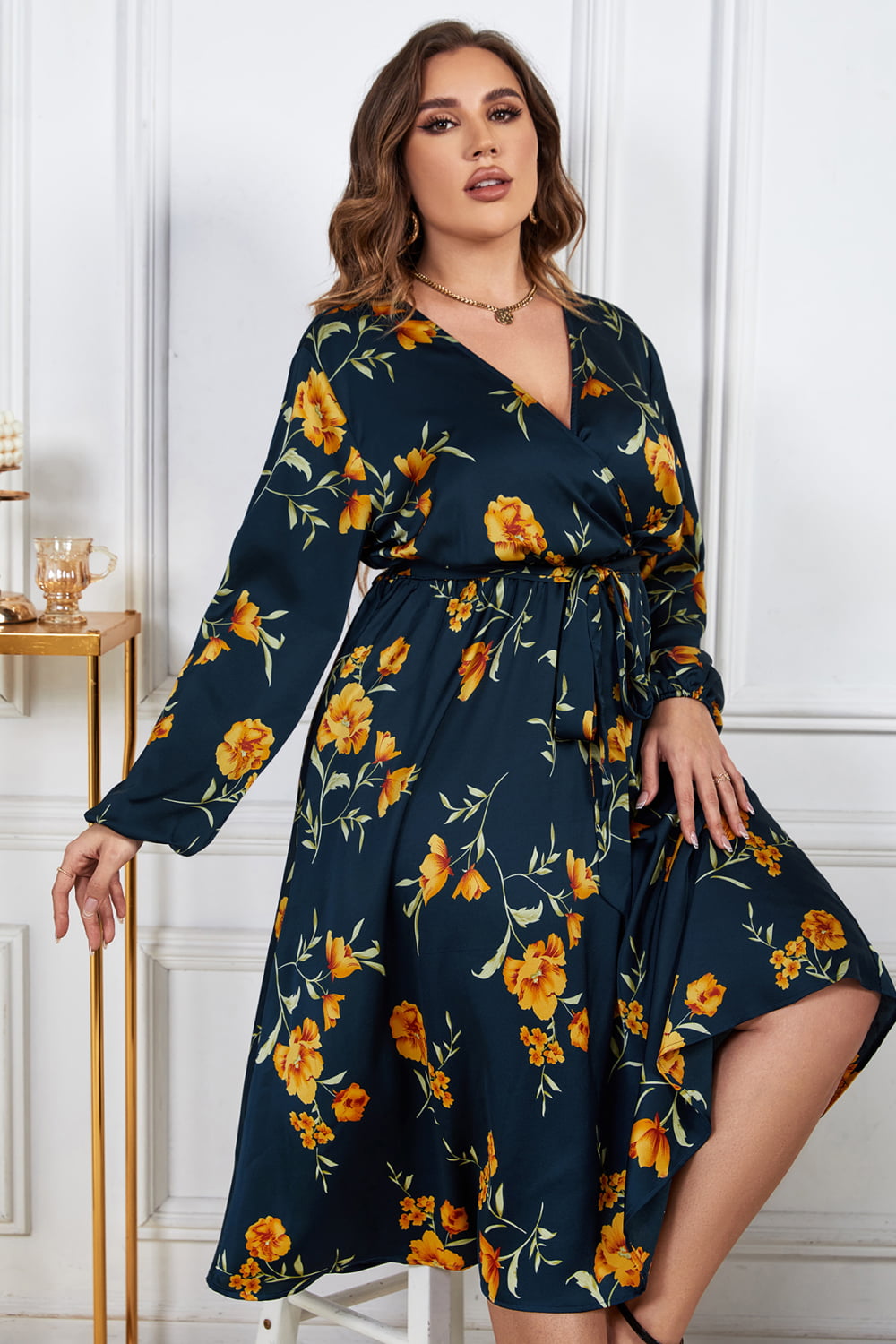 Melo Apparel Plus Size Floral Print Surplice Neck Midi Dress - AllIn Computer
