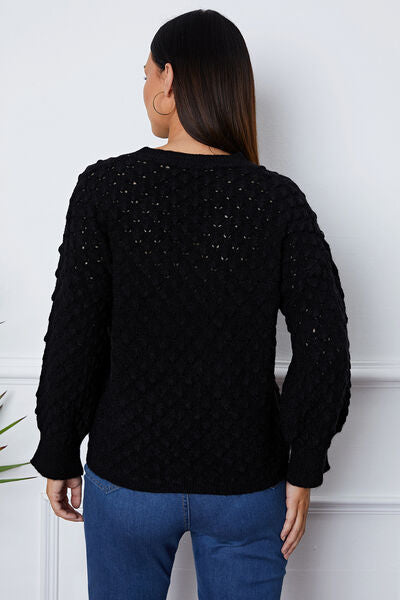 Openwork Round Neck Long Sleeve Sweater - AllIn Computer