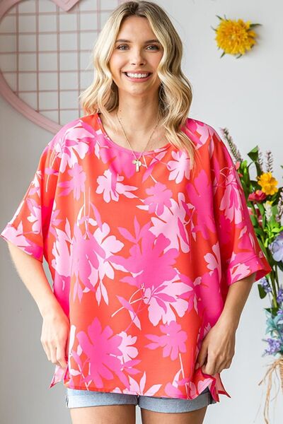 First Love Slit Printed Round Neck Half Sleeve Blouse - AllIn Computer